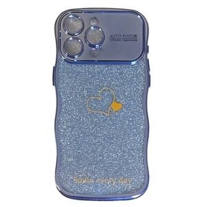 iPhone 15 ProMax Blue Glitter Heart Jelly Phone Case Gold Positive Quote